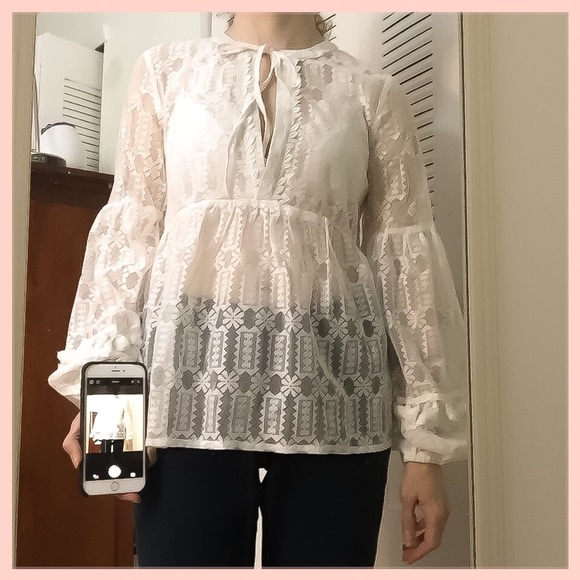 FLASH SALE !  Off White Tie Neck Boho Blouse - Picture 4 of 16